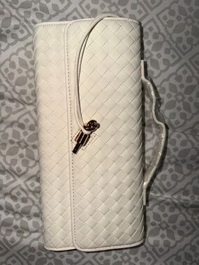 Woven Leather-Effect White Shoulder Bag